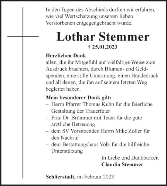 Traueranzeige von Lothar Stemmer von Fränkische Nachrichten