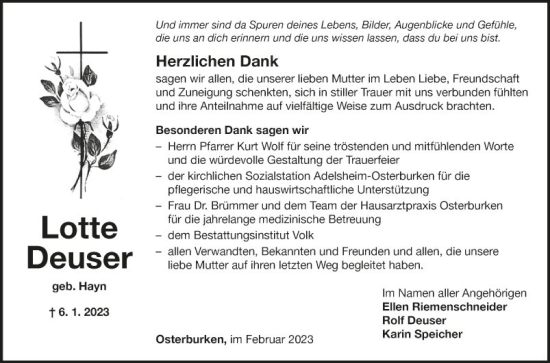 Traueranzeige von Lotte Deuser von Fränkische Nachrichten