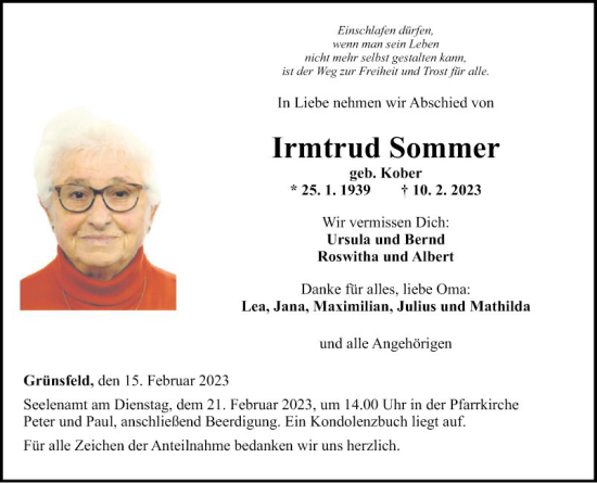 Traueranzeige von lrmtrud Sommer von Fränkische Nachrichten