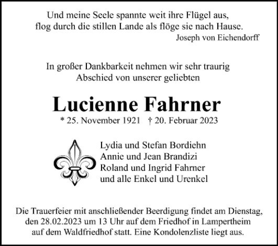 Traueranzeige von Lucienne Fahrner von Mannheimer Morgen