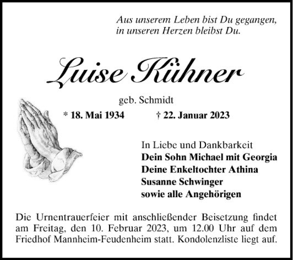  Traueranzeige für Luise Kühner vom 04.02.2023 aus Mannheimer Morgen
