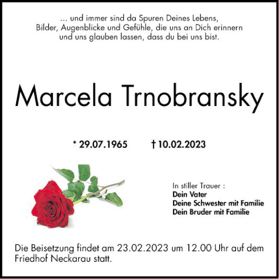 Traueranzeige von Marcela Trnobransky von Mannheimer Morgen