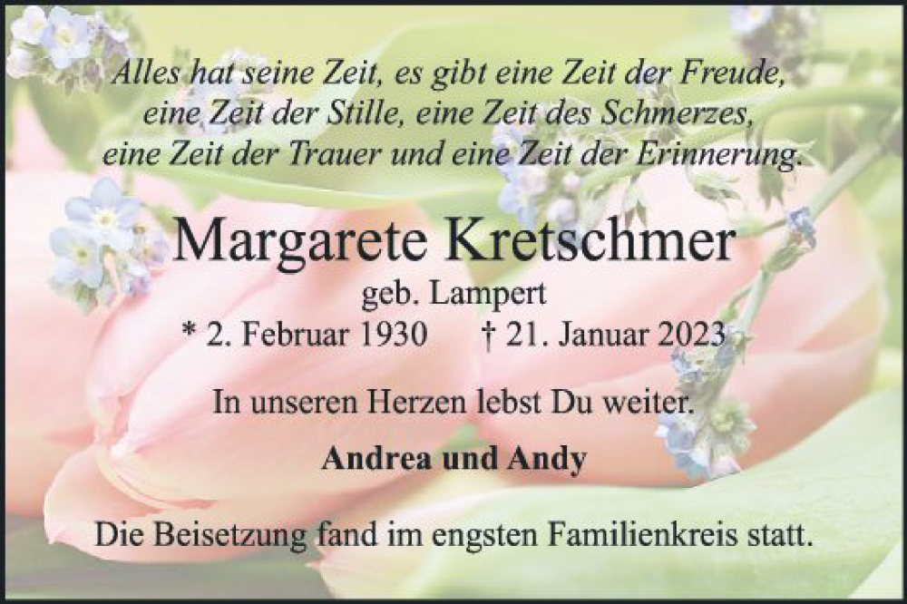  Traueranzeige für Margarete Kretschmer vom 04.02.2023 aus Mannheimer Morgen