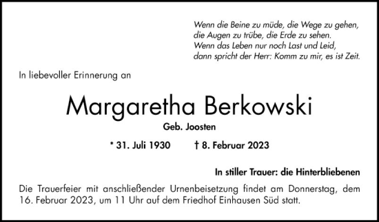 Traueranzeige von Margaretha Berkowski von Bergsträßer Anzeiger