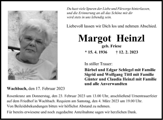 Traueranzeige von Margot Heinzl von Fränkische Nachrichten