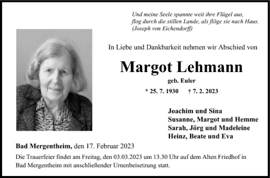 Traueranzeige von Margot Lehmann von Fränkische Nachrichten