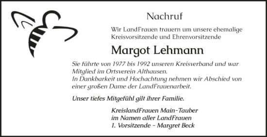 Traueranzeige von Margot Lehmann von Fränkische Nachrichten