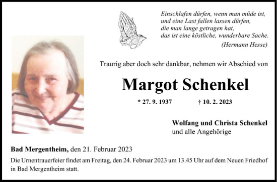 Traueranzeige von Margot Schenkel von Fränkische Nachrichten