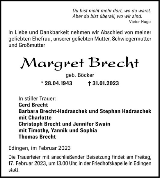 Traueranzeige von Margret Brecht von Mannheimer Morgen