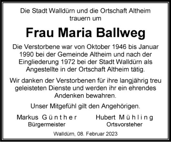 Traueranzeige von Maria Ballweg von Fränkische Nachrichten