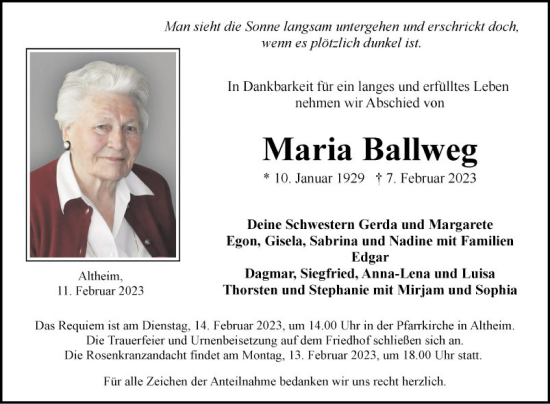 Traueranzeige von Maria Ballweg von Fränkische Nachrichten