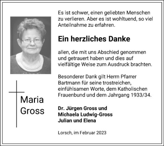 Traueranzeige von Maria Gross von Bergsträßer Anzeiger