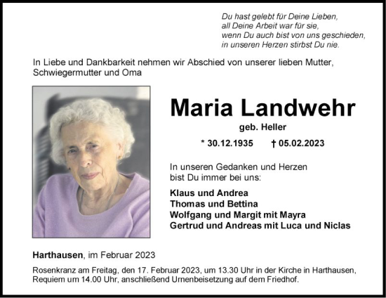 Traueranzeige von Maria Landwehr von Fränkische Nachrichten