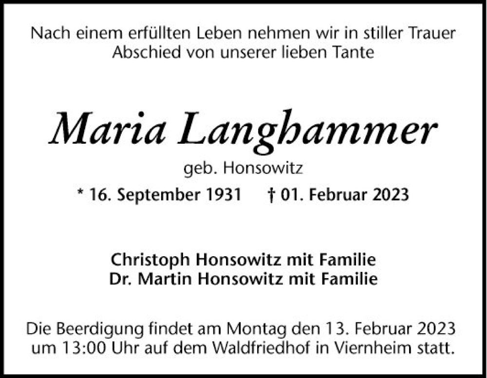  Traueranzeige für Maria Langhammer vom 04.02.2023 aus Mannheimer Morgen