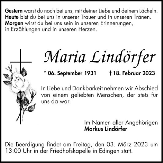 Traueranzeige von Maria Lindörfer von Mannheimer Morgen