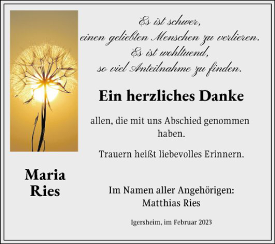 Traueranzeige von Maria Ries von Fränkische Nachrichten