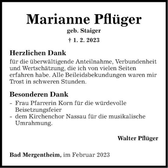 Traueranzeige von Marianne Pflüger von Fränkische Nachrichten