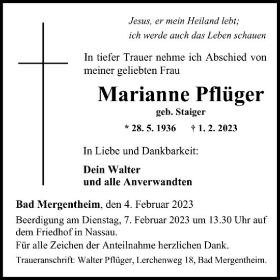 Traueranzeige von Marianne Pflüger von Fränkische Nachrichten