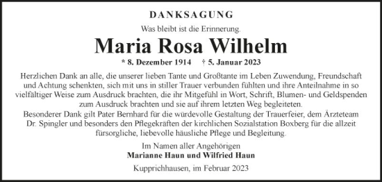 Traueranzeige von Maria Rosa Wilhelm von Fränkische Nachrichten