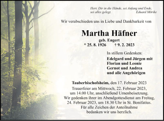 Traueranzeige von Martha Häfner von Fränkische Nachrichten