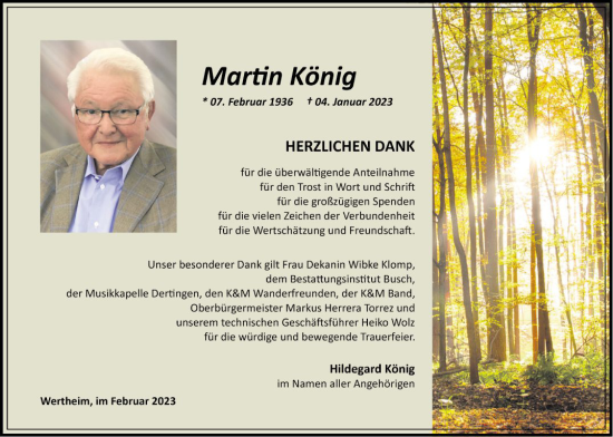 Traueranzeige von Martin König von Fränkische Nachrichten