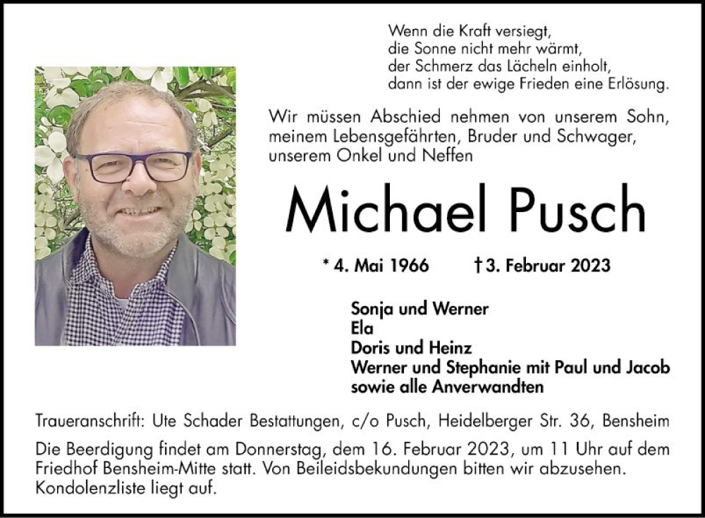 Traueranzeigen Von Michael Pusch | Trauerportal Ihrer Tageszeitung