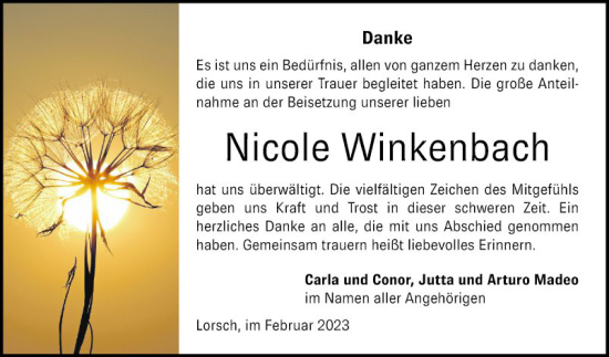 Traueranzeige von Nicole Winkenbach von Bergsträßer Anzeiger