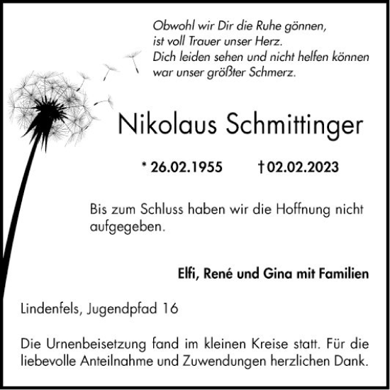 Traueranzeige von Nikolaus Schmittinger von Bergsträßer Anzeiger