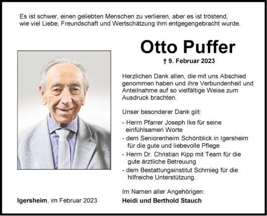 Traueranzeige von Otto Puffer von Fränkische Nachrichten