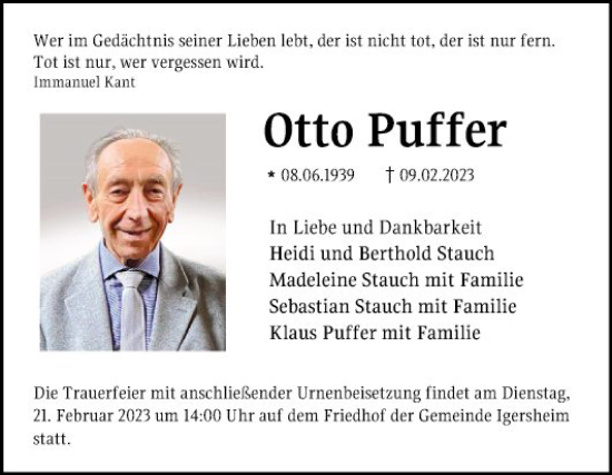 Traueranzeige von Otto Puffer von Fränkische Nachrichten