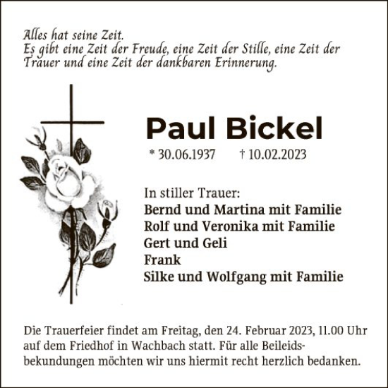 Traueranzeige von Paul Bickel von Fränkische Nachrichten