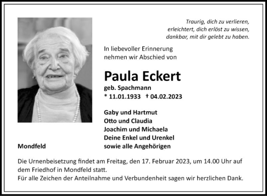 Traueranzeige von Paula Eckert von Fränkische Nachrichten