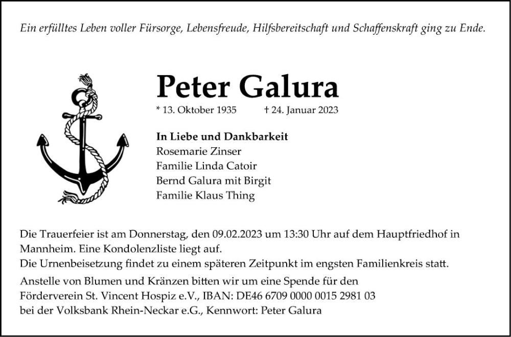  Traueranzeige für Peter Galura vom 04.02.2023 aus Mannheimer Morgen