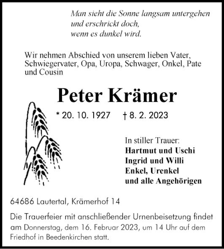  Traueranzeige für Peter Krämer vom 11.02.2023 aus Bergsträßer Anzeiger