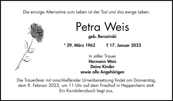 Traueranzeige von Petra Weis von Bergsträßer Anzeiger