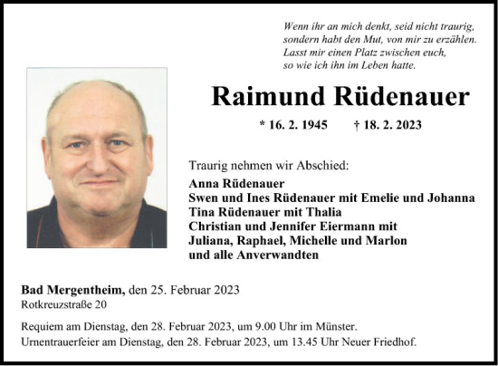 Traueranzeige von Raimund Rüdenauer von Fränkische Nachrichten