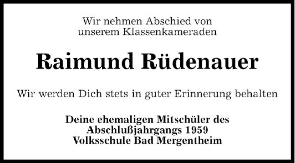  Traueranzeige für Raimund Rüdenauer vom 28.02.2023 aus Fränkische Nachrichten