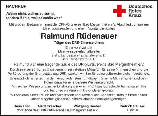 Traueranzeige von Raimund Rüdenauer von Fränkische Nachrichten