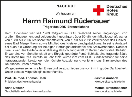 Traueranzeige von Raimund Rüdenauer von Fränkische Nachrichten