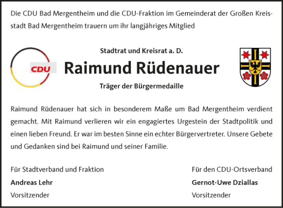 Traueranzeige von Raimund Rüdenauer von Fränkische Nachrichten