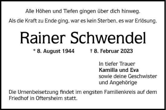 Traueranzeige von Rainer Schwendel von Mannheimer Morgen