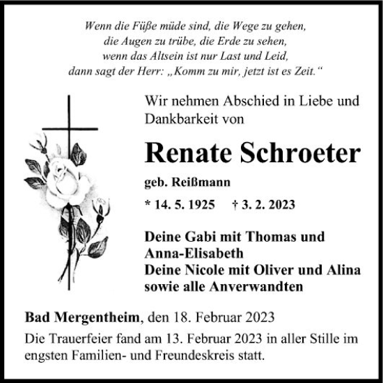 Traueranzeige von Renate Schroeter von Fränkische Nachrichten