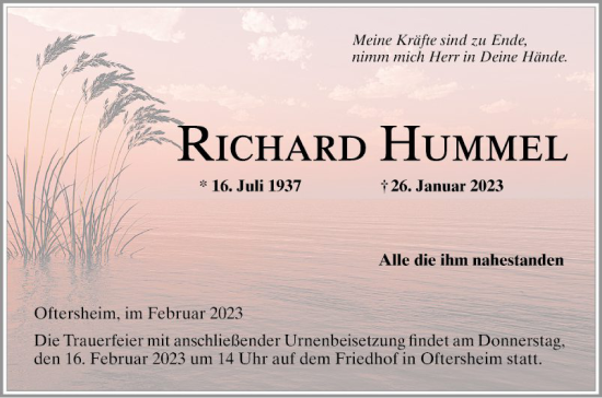 Traueranzeige von Richard Hummel von Schwetzinger Zeitung