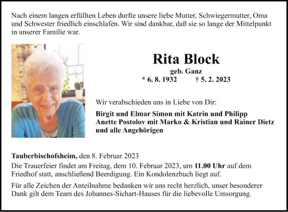  Traueranzeige für Rita Block vom 08.02.2023 aus Fränkische Nachrichten