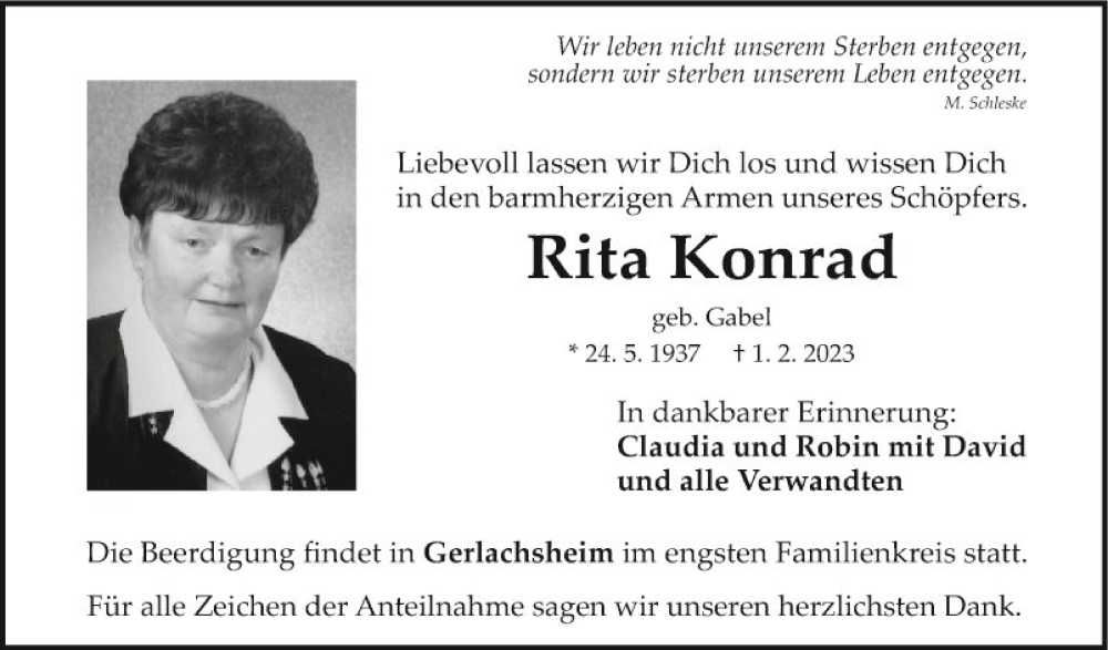 Traueranzeige für Rita Konrad vom 04.02.2023 aus Fränkische Nachrichten