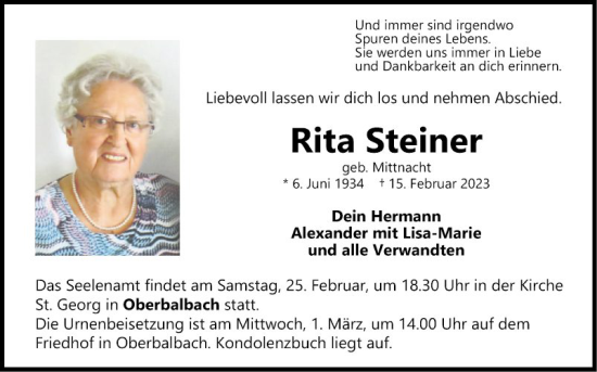 Traueranzeige von Rita Steiner von Fränkische Nachrichten