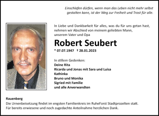 Traueranzeige von Robert Seubert von Fränkische Nachrichten