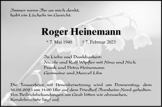 Traueranzeige von Roger Heinemann von Mannheimer Morgen