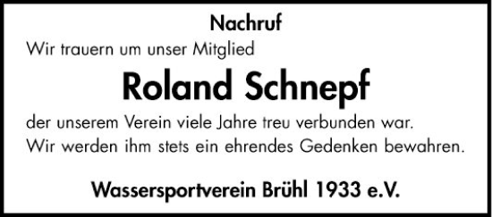 Traueranzeige von Roland Schnepf von Schwetzinger Zeitung