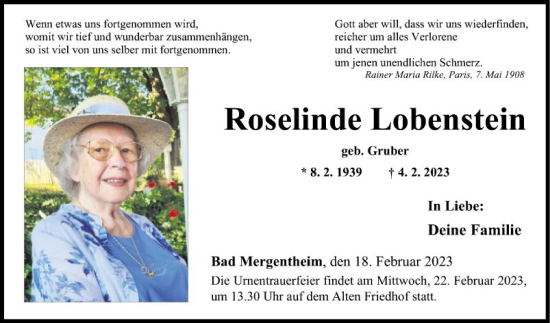 Traueranzeige von Roselinde Lobenstein von Fränkische Nachrichten